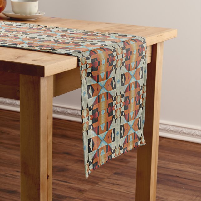 Blue Red Orange Taupe Brown Black Tribal Art Medium Table Runner (In Situ)