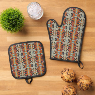 Blue Red Orange Taupe Brown Black Tribal Art Oven Mitt & Pot Holder Set