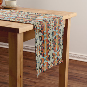 Blue Red Orange Taupe Brown Black Tribal Art Short Table Runner