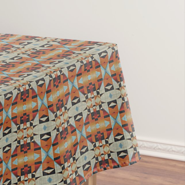 Blue Red Orange Taupe Brown Black Tribal Art Tablecloth (In Situ)