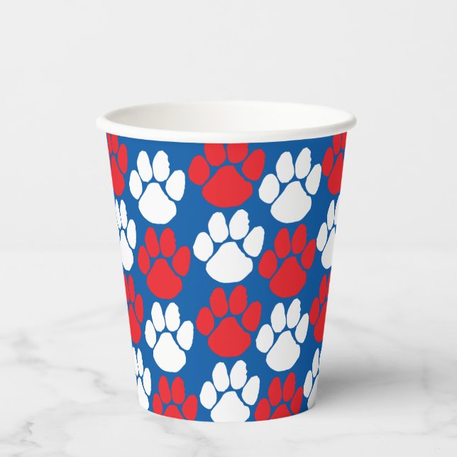 Blue & Red Pawprints on Navy Party Paper Cups (Front)