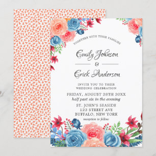Blue Red Pink Orange Peony Wedding Invitation