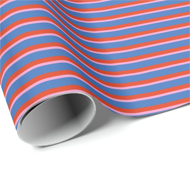 Blue Red Pink Retro Stripe Gift Wrap Pattern (Roll Corner)