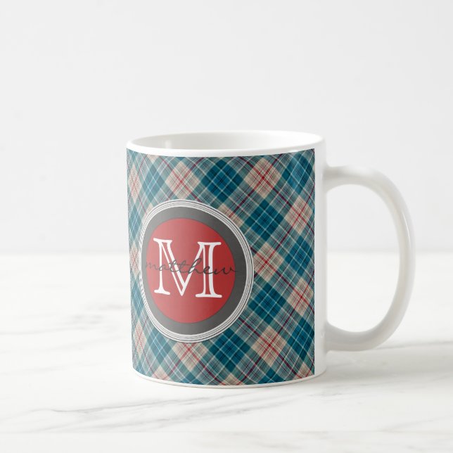 Blue Red Plaid Background Monogram Coffee Mug (Right)