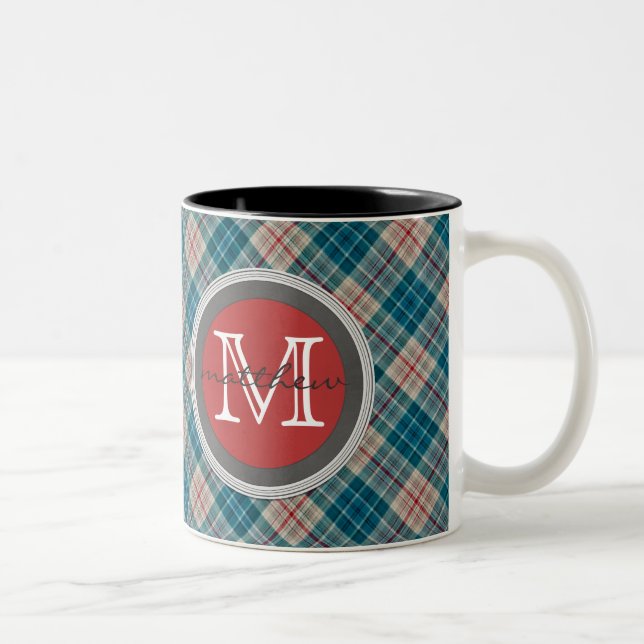 Blue Red Plaid Background Monogram Two-Tone Coffee Mug (Right)