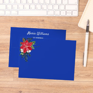 Blue red poinsettia return address Christmas Envelope