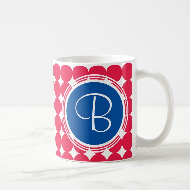 Blue & Red Polka Dot Monogram Coffee Mug (Right)