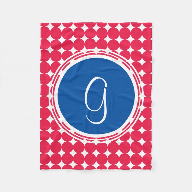 Blue & Red Polka Dot Monogram Fleece Blanket (Front)