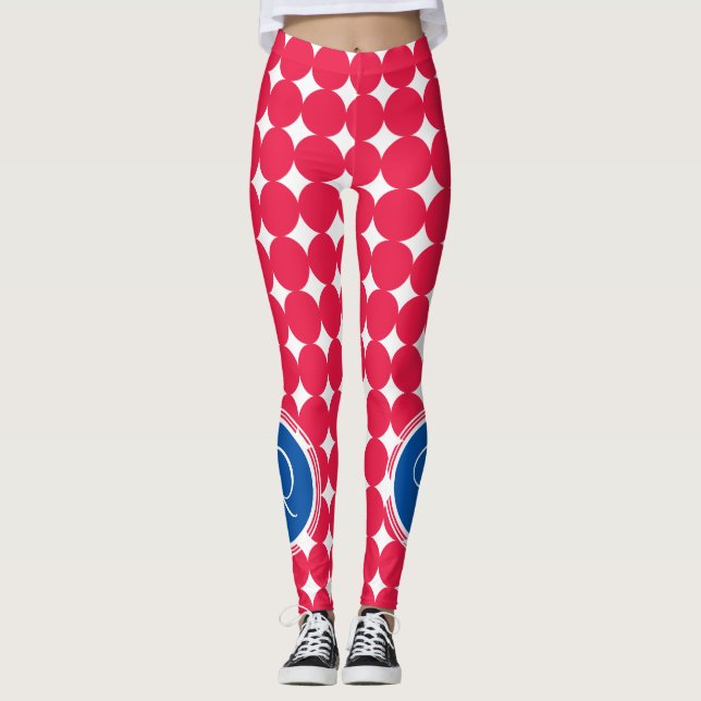 Blue & Red Polka Dot Monogram Leggings (Front)