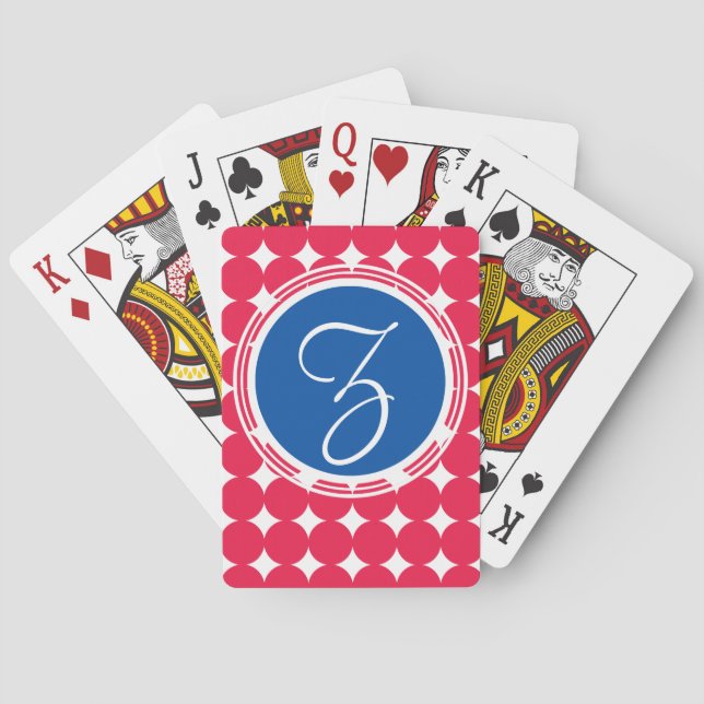 Blue & Red Polka Dot Monogram Playing Cards (Back)
