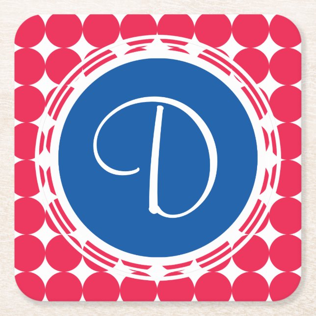 Blue & Red Polka Dot Monogram Square Paper Coaster (Front)