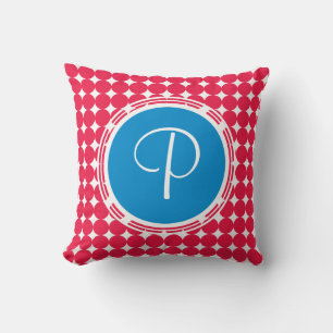 Blue & Red Polka Dot Monogram Throw Pillow