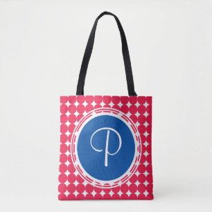 Blue & Red Polka Dot Monogram Tote Bag