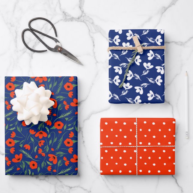 Blue Red Poppies Mixed Floral Pattern & Polka Dots Wrapping Paper Sheet (Front)