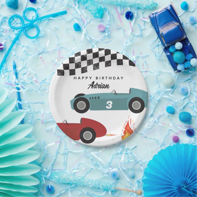 Blue Red Race Fast Retro Racing Cars Birthday Paper Plate (Party)