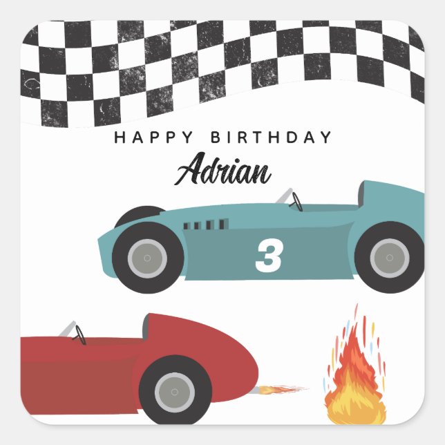 Blue Red Race Fast Retro Racing Cars Birthday Square Sticker (Front)