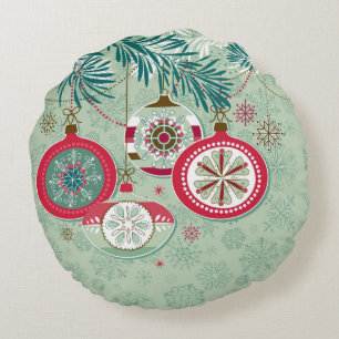 Blue & Red Retro Christmas Ornaments Round Pillow