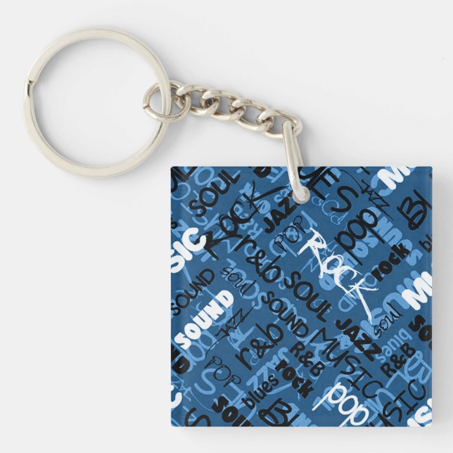 Blue & Red Rock Pop R & B Music Text Key Chain (Front)