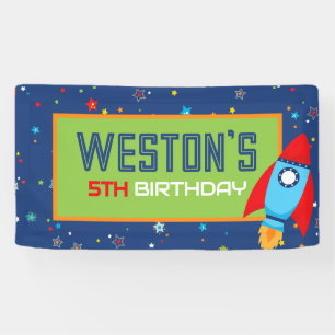 Blue & Red Rocket Outer Space Birthday Banner