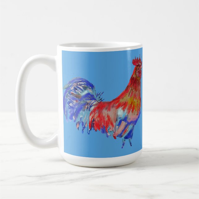 Blue Red Rooster Cockerel Chicken Art Mug (Left)