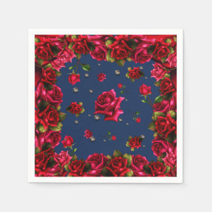 Blue Red Roses & Diamond Bling Elegant Party Napkin