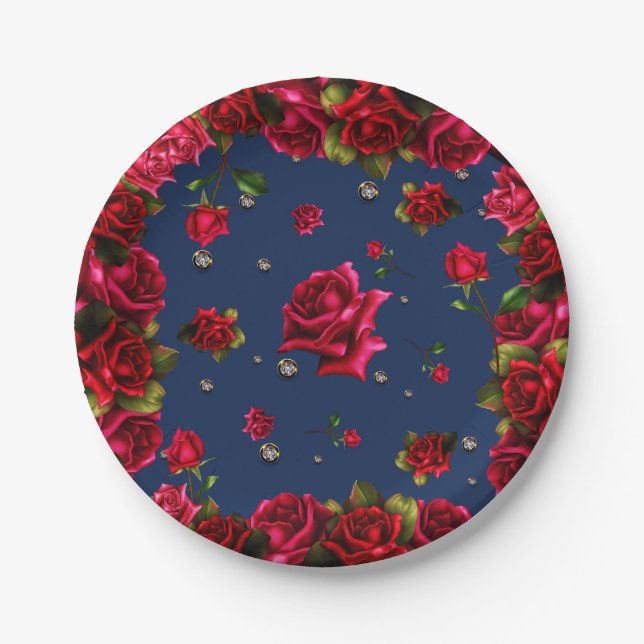 Blue Red Roses & Diamond Bling Elegant Party Paper Plate (Front)