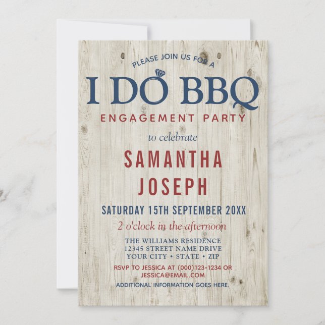 Blue & Red Rustic Wood Engagement Party Invitation (Front)