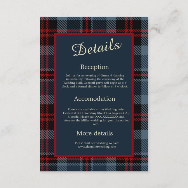 blue red scottish wedding celtic tartan plaid enclosure card (Front)