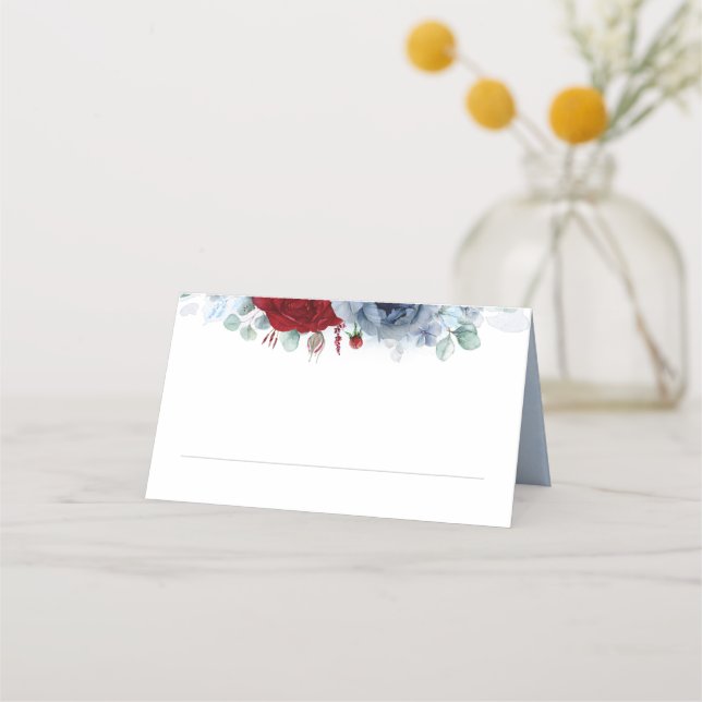 Blue Red Shades Flowers Elegant Boho Wedding Place Card (Front)