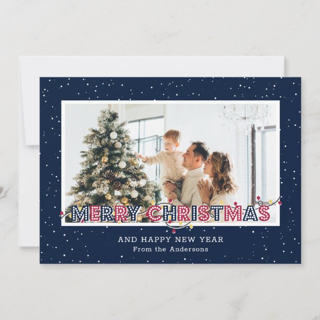 Blue Red Snow Lights Photo Christmas Cards (Front)