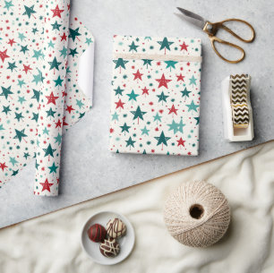 Blue Red Stars Festive Holiday Pattern Wrapping Paper