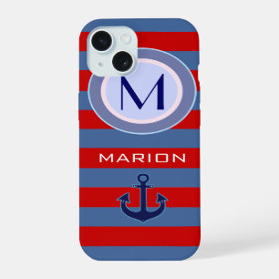 blue&red Stripes & Anchor Monogrammed iPhone 15 Case