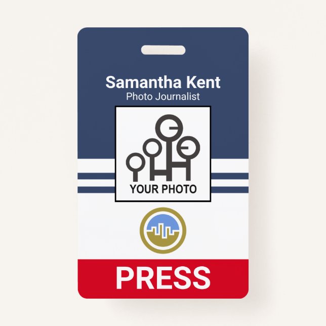 Blue Red Stripes Column Photo Template Press ID Badge (Front)
