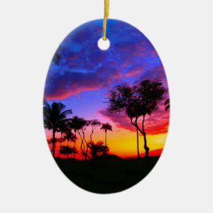 Blue Red Sunset Exotic Hawaiian Beach Palm Trees Ceramic Ornament