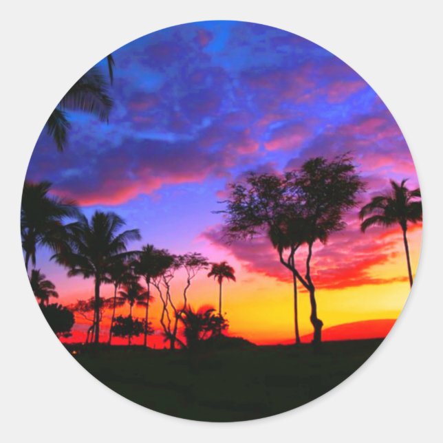 Blue Red Sunset Exotic Hawaiian Beach Palm Trees Classic Round Sticker (Front)