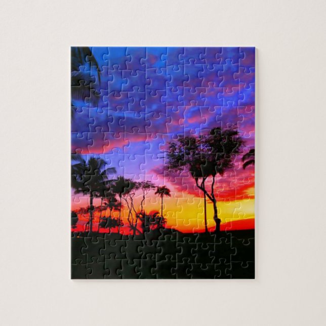 Blue Red Sunset Exotic Hawaiian Beach Palm Trees Jigsaw Puzzle (Vertical)