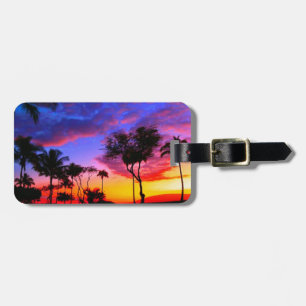 Blue Red Sunset Exotic Hawaiian Beach Palm Trees Luggage Tag