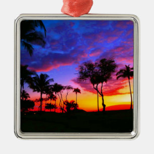 Blue Red Sunset Exotic Hawaiian Beach Palm Trees Metal Ornament