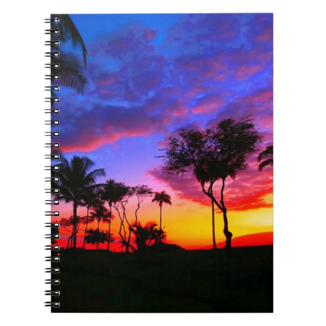 Blue Red Sunset Exotic Hawaiian Beach Palm Trees Notebook (Front)
