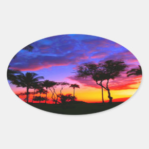Blue Red Sunset Exotic Hawaiian Beach Palm Trees Oval Sticker