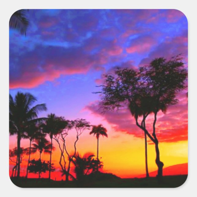 Blue Red Sunset Exotic Hawaiian Beach Palm Trees Square Sticker (Front)