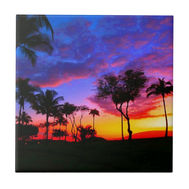 Blue Red Sunset Exotic Hawaiian Beach Palm Trees Tile (Front)
