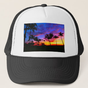 Blue Red Sunset Exotic Hawaiian Beach Palm Trees Trucker Hat