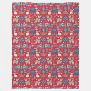 Blue Red Tan Nordic Scandinavian Pattern Fleece Blanket