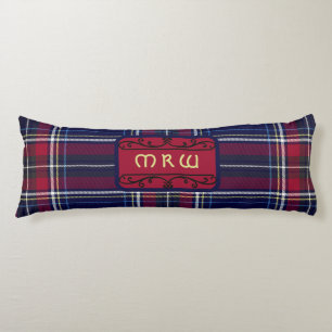 Blue Red Tartan Monogram in Celtic Lion Font   Body Pillow