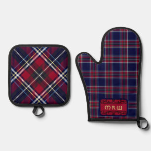 Blue Red Tartan Monogram in Celtic Lion Font Oven Mitt & Pot Holder Set