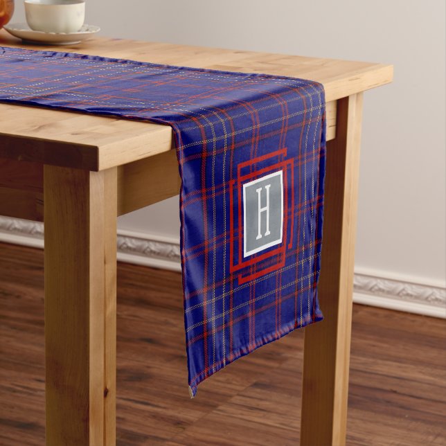 Blue Red Tartan Monogram  Short Table Runner (In Situ)
