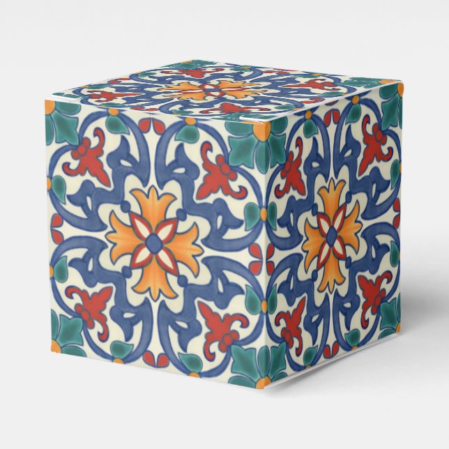 Blue Red Teal Orange White Azulejos Pattern Favor Box (Front Side)