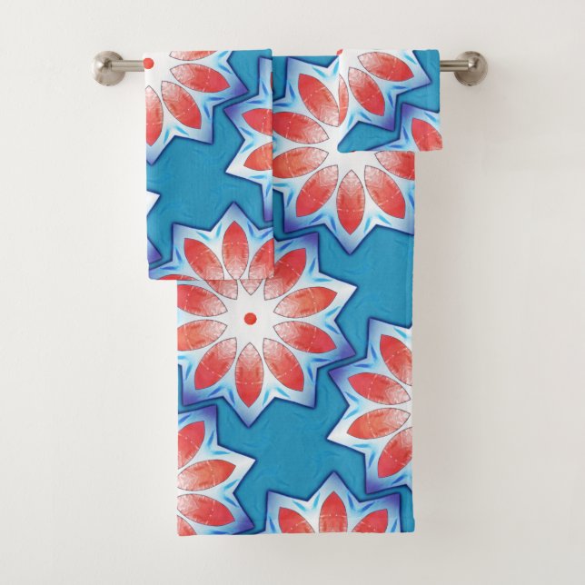 Blue red ten stub star kaleidoscope in soft shiny  bath towel set (Insitu)