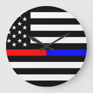 blue red thin line police firefighters symbol usa large clock